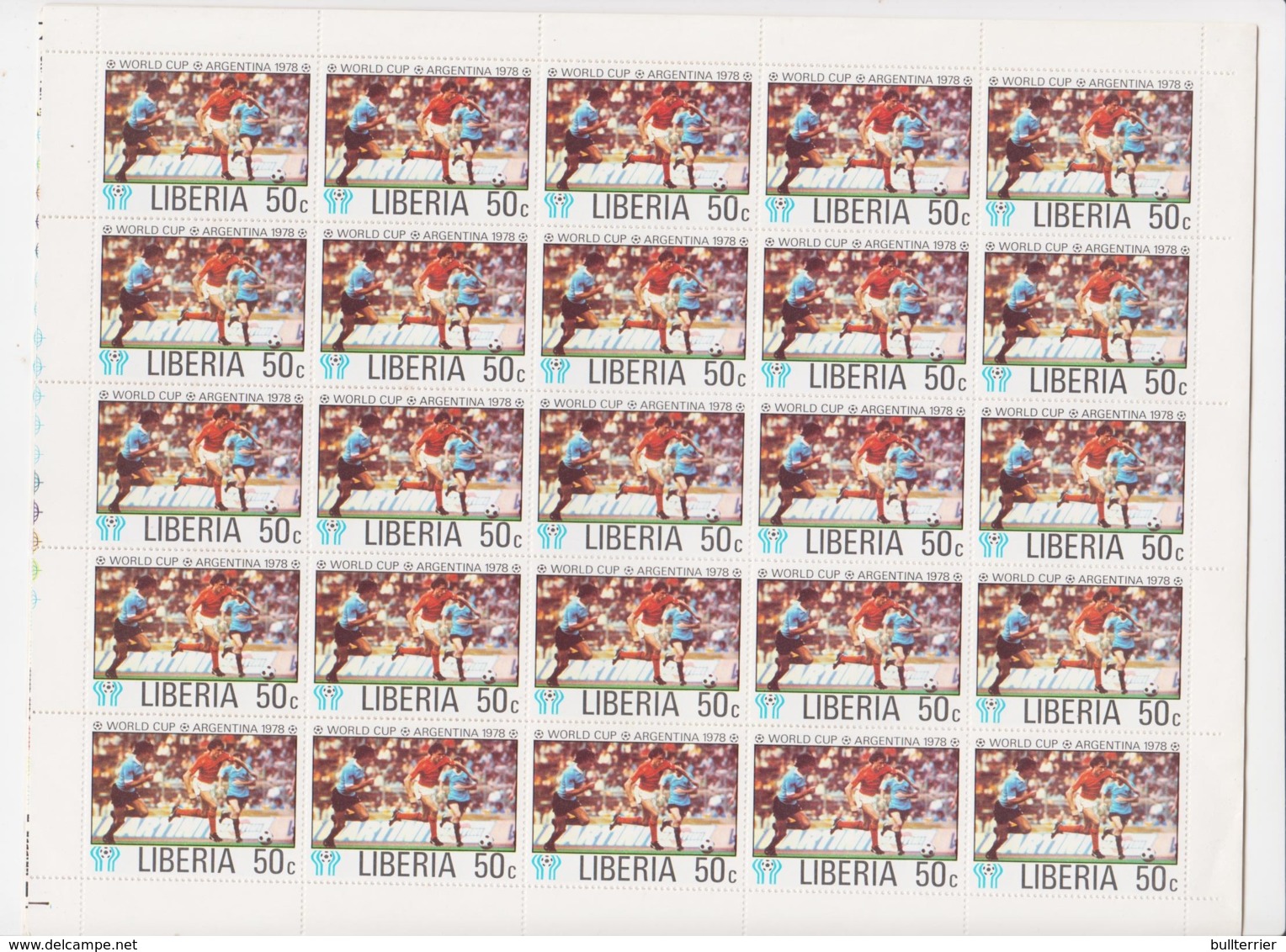 SOCCER-  LIBERIA - ARGENTINA WORLD CUP SET OF 6 IN FOLDED SHEETS OF 25 MINT NVER HINGED - 1978 – Argentine