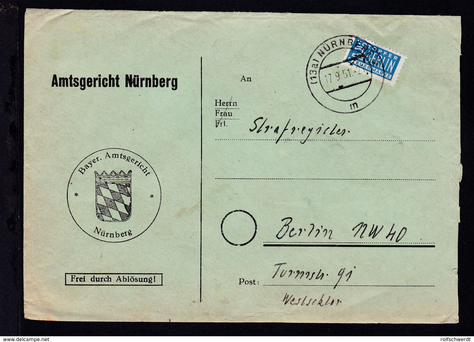 Nürnberg Dienstbrief Des Amtsgericht Nürnberg Ab Nürnberg 17.9.51 Nach Berlin - Sonstige & Ohne Zuordnung