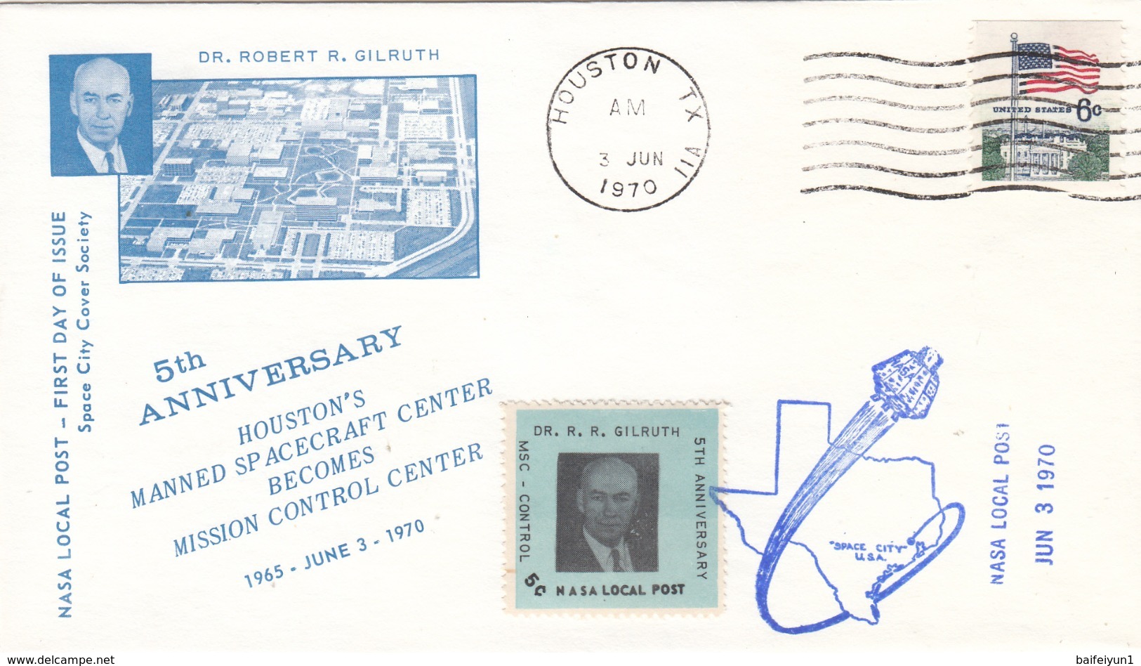 USA 1970 5th Anniversary HONSTON's Manned Spacecraft Center Becomes Mission Control Center Commemorative Cover - North  America