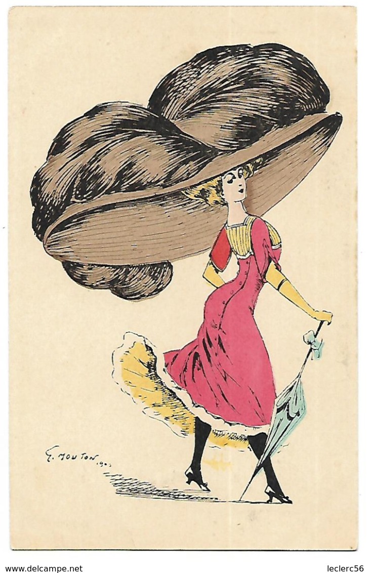 DESSIN ILLUSTRATEUR MOUTON 1903 MODE FEMME A GRAND CHAPEAU ET OMBRELLE CPA 2 SCANS - Fashion