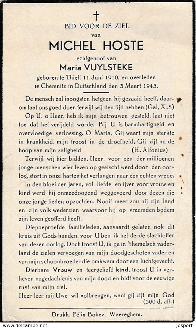 Oorlogsslachtoffer, 1945, Michel Hoste, Tielt, Chemnitz, Duitsland - Imágenes Religiosas