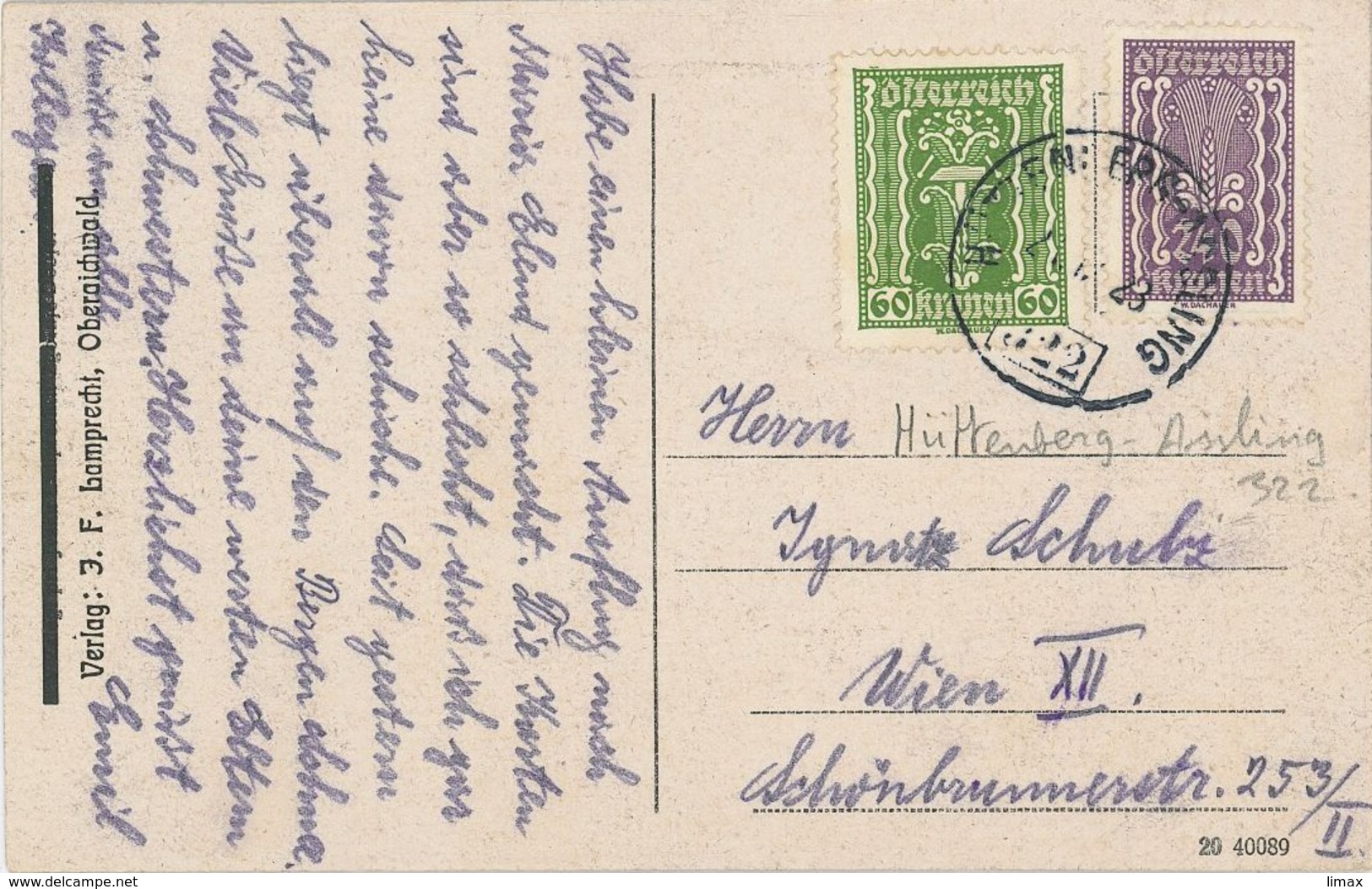 Inflation Karte - Bahnstempel Zug 322 Hüttenberg-Assling (Jesenice) -  60 + 240 Kronen - 1923 Rs: Faaker-See-Insel SW - Lettres & Documents