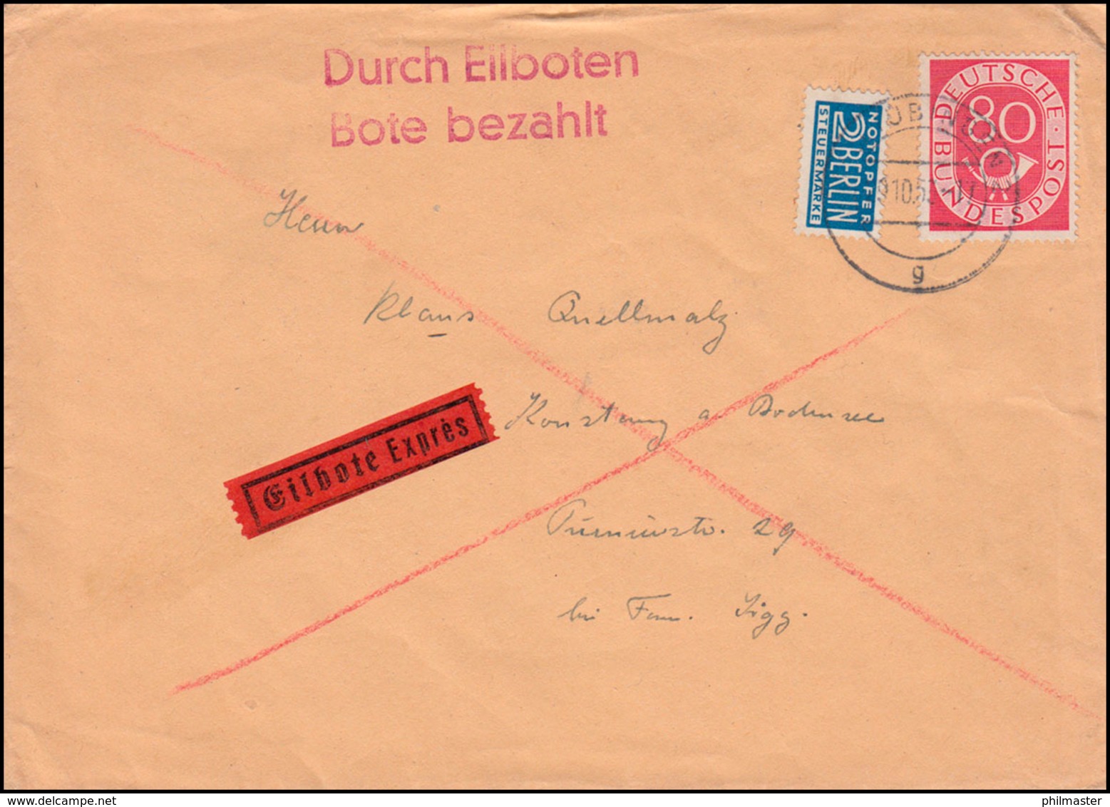 127 Posthorn EF Eil-Brief Mit Notopfer TÜBINGEN 29.10.53 Nach KONSTANZ 30.10.53 - Sonstige & Ohne Zuordnung