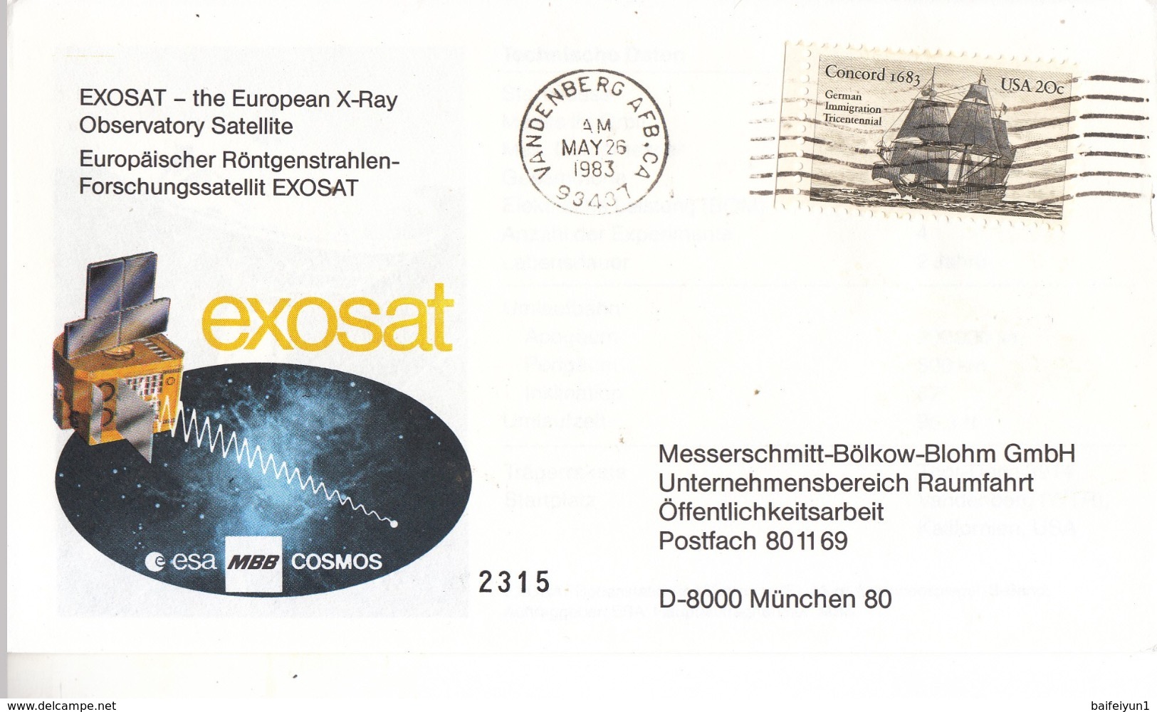 USA 1983  EXOSAT The European X-Ray Observatory Satellite Commemorative Cover - North  America