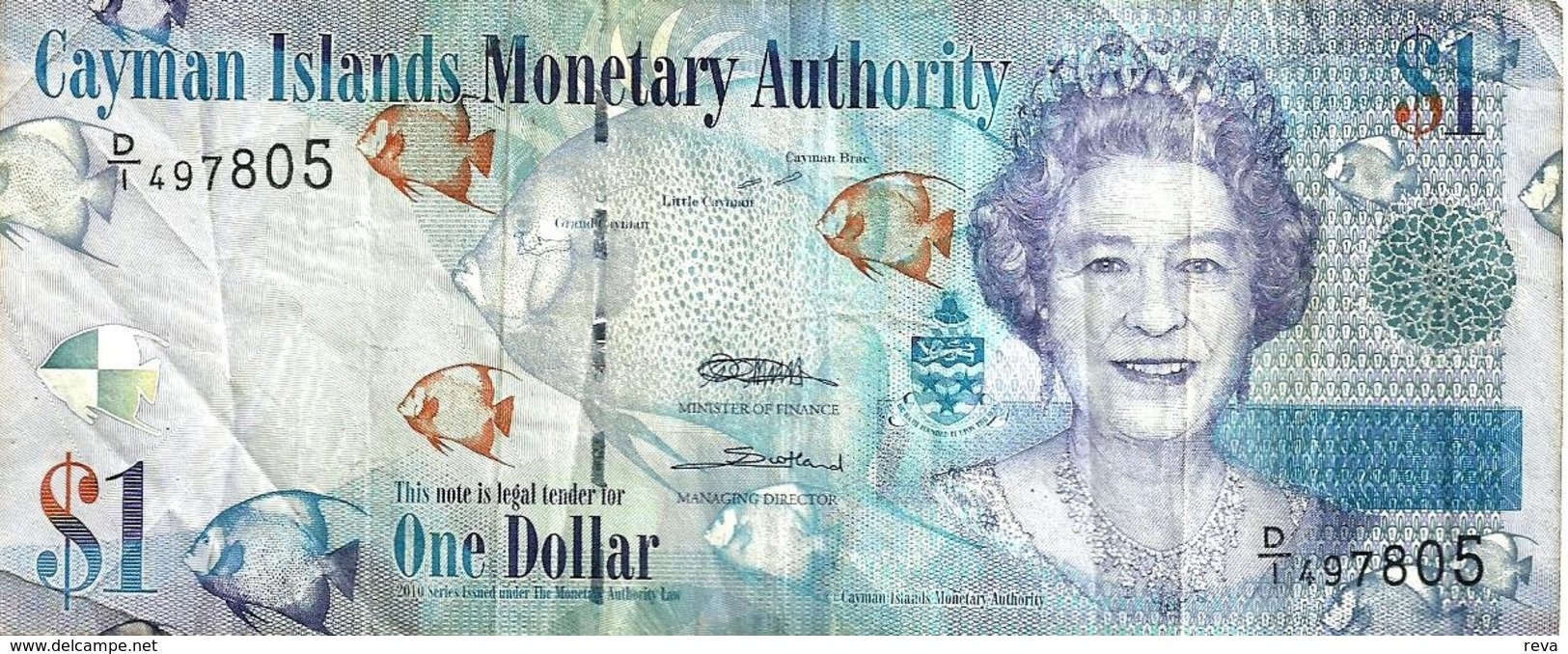 CAYMAN ISLANDS $1 BLUE WOMAN QEII FRONT ROCK BACK ND(2000s) F+ P.? READ DESCRIPTION !! - Iles Cayman