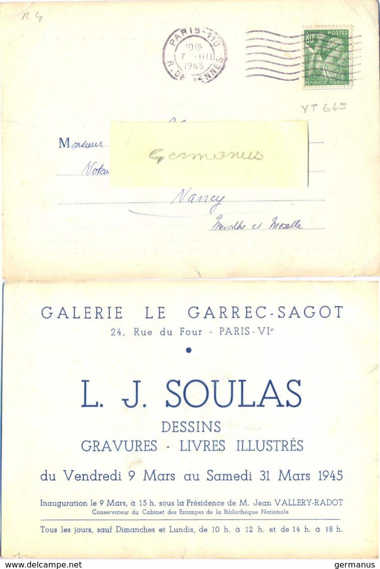 TYPE IRIS 80 C. Vert-jaune TIMBRE SEUL Sur CP COMMERCIALE GALERIE LE GARREC-SAGOT PARIX-VI - FLIER PARIS-110 -7.III 1945 - 1921-1960: Période Moderne