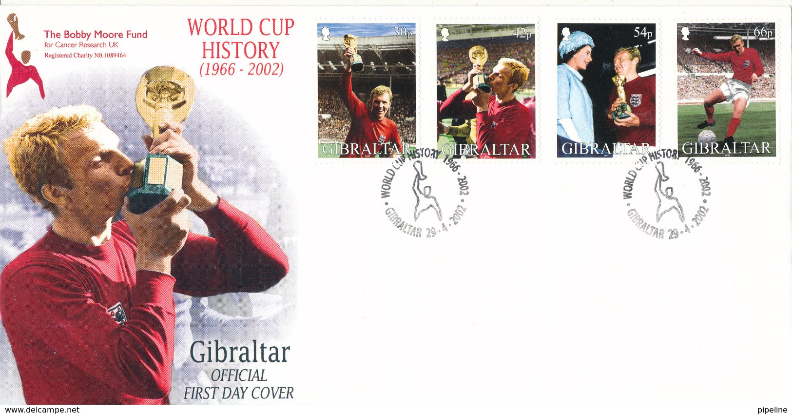 Gibraltar FDC 29-4-2002 World Cup Histopry Complete Set Of 4 With Very Nice Cachet (The Bobby Moore Fund For Cancer Rese - Gibraltar