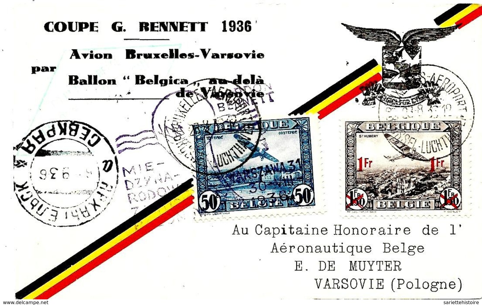 SH 0158. PA 1 + 6 AGENCE BRUXELLES-AEROPORT 26.8.36 S/CP COUPE GORDON BENNETT Avion BRUXELLES-VARSOVIE.v.dos.TB - Storia Postale