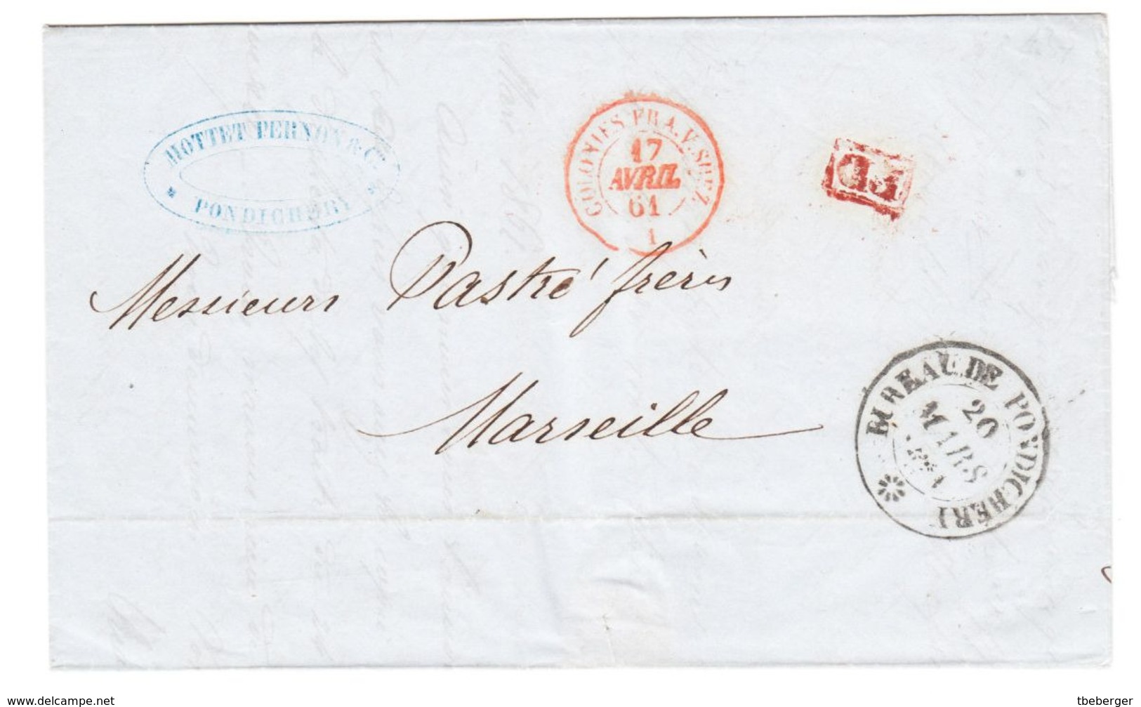 Inde Française India 'BUREAU DE PONDICHERY' Lettre LAC 1861 PD 'COLONIES FRA. V. SUEZ' En Rouge Pour Marseille (s13) - 1801-1848: Precursors XIX