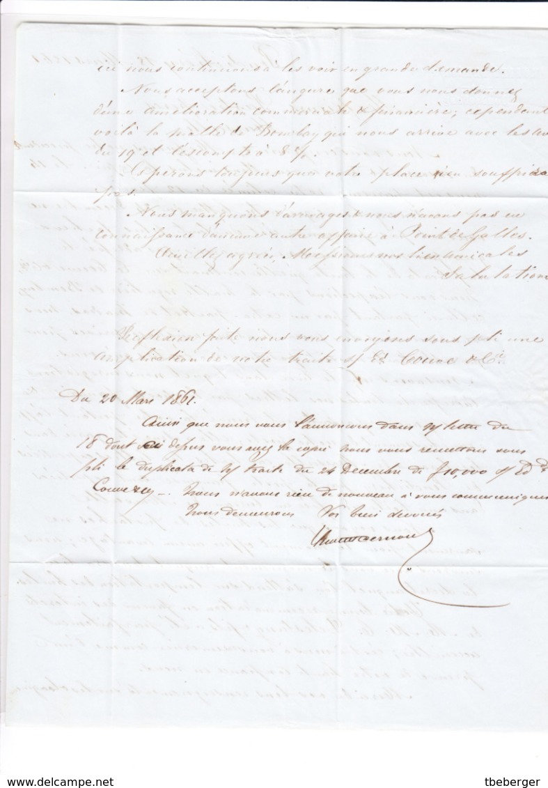 Inde Française India 'BUREAU DE PONDICHERY' Lettre LAC 1861 PD 'COLONIES FRA. V. SUEZ' En Rouge Pour Marseille (s13) - 1801-1848: Precursors XIX