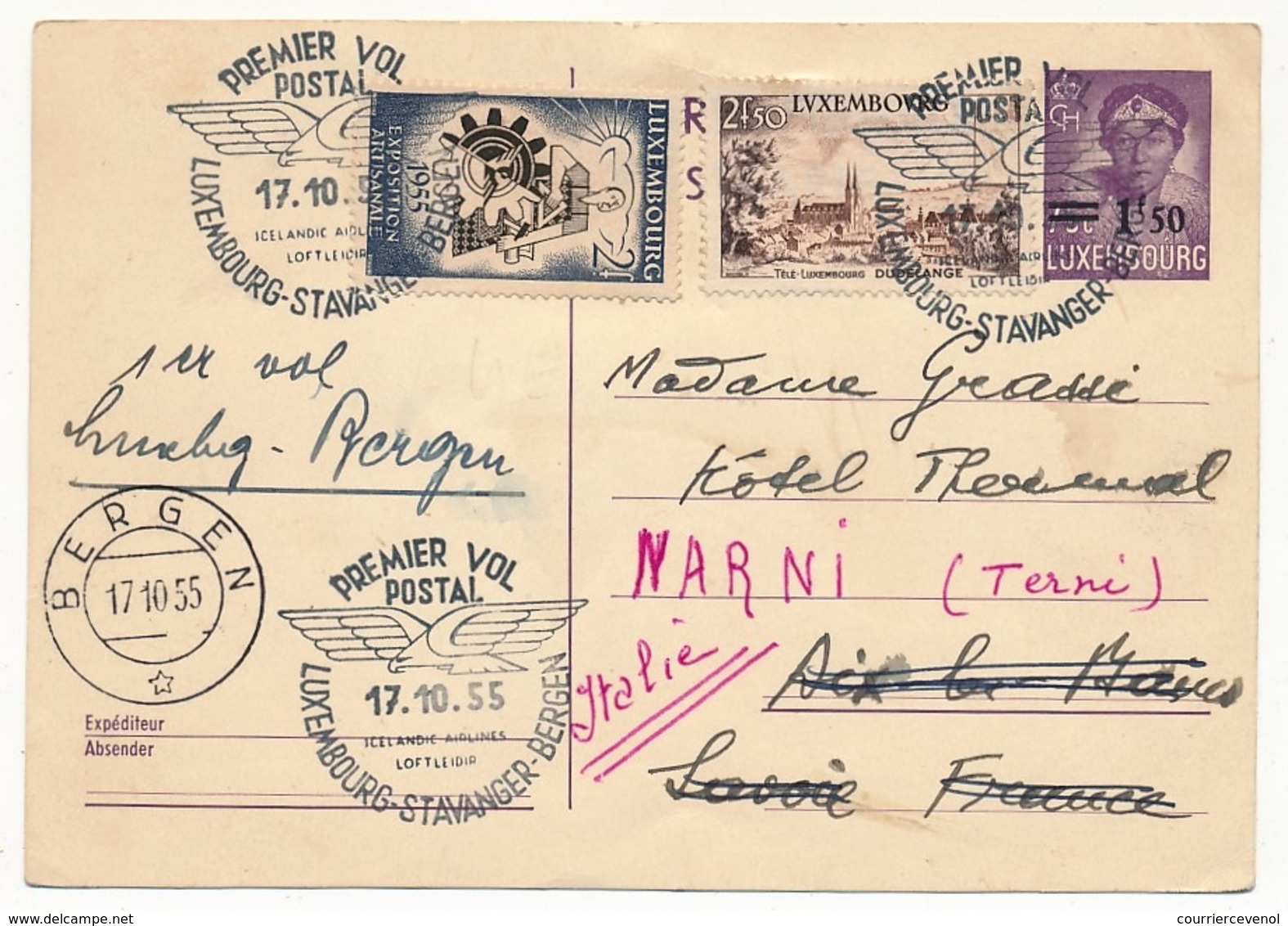 LUXEMBOURG - Entier + Affr Compl. Cachet "1er Vol Postal LUXEMBOURG - STAVANGER - BERGEN" 17/10/1955 - Lettres & Documents