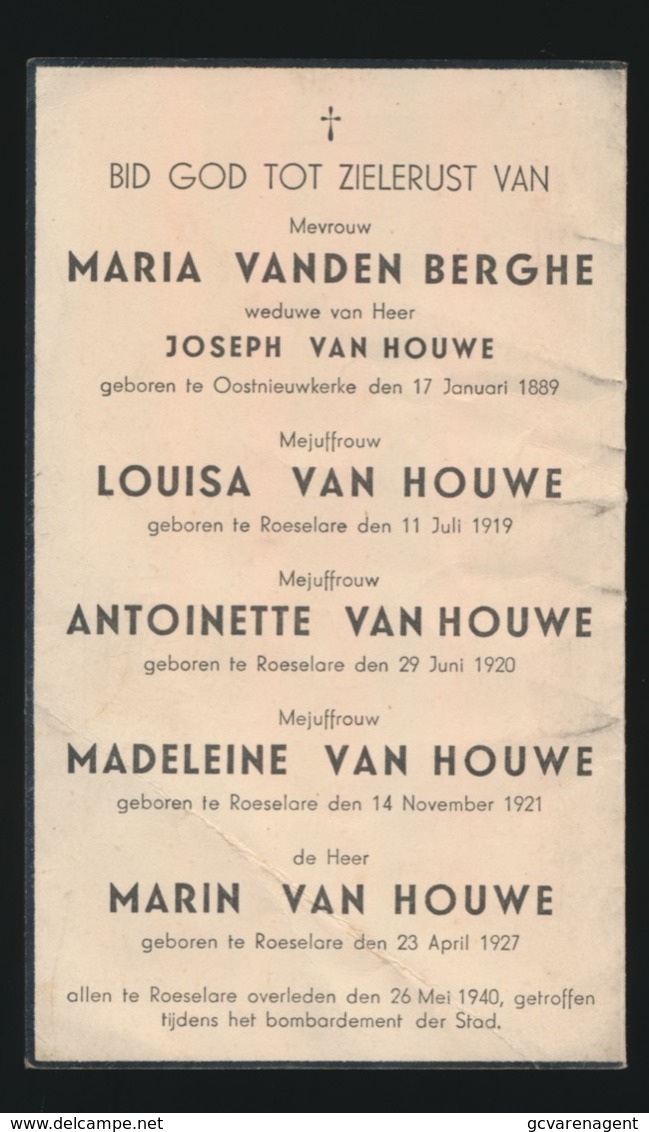 SLACHTOFFER WWII BOMBARDEMENT ROESELARE 16 MEI 1940 - FAMILIE VANDEN BERGHE EN HOUWE - ZIE DOODSPRENTJE - Décès