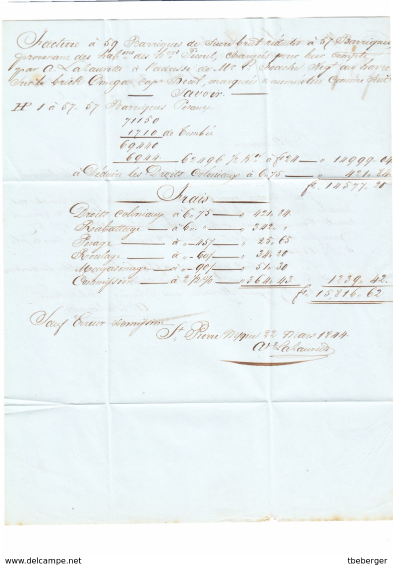 Martinique 'ST. PIERRE MARTINIQUE' Lettre LAC 1844 'COLONIES ART 12' 'ANGL. CALAIS' En Rouge Via London à HAVRE (s19) - 1801-1848: Précurseurs XIX