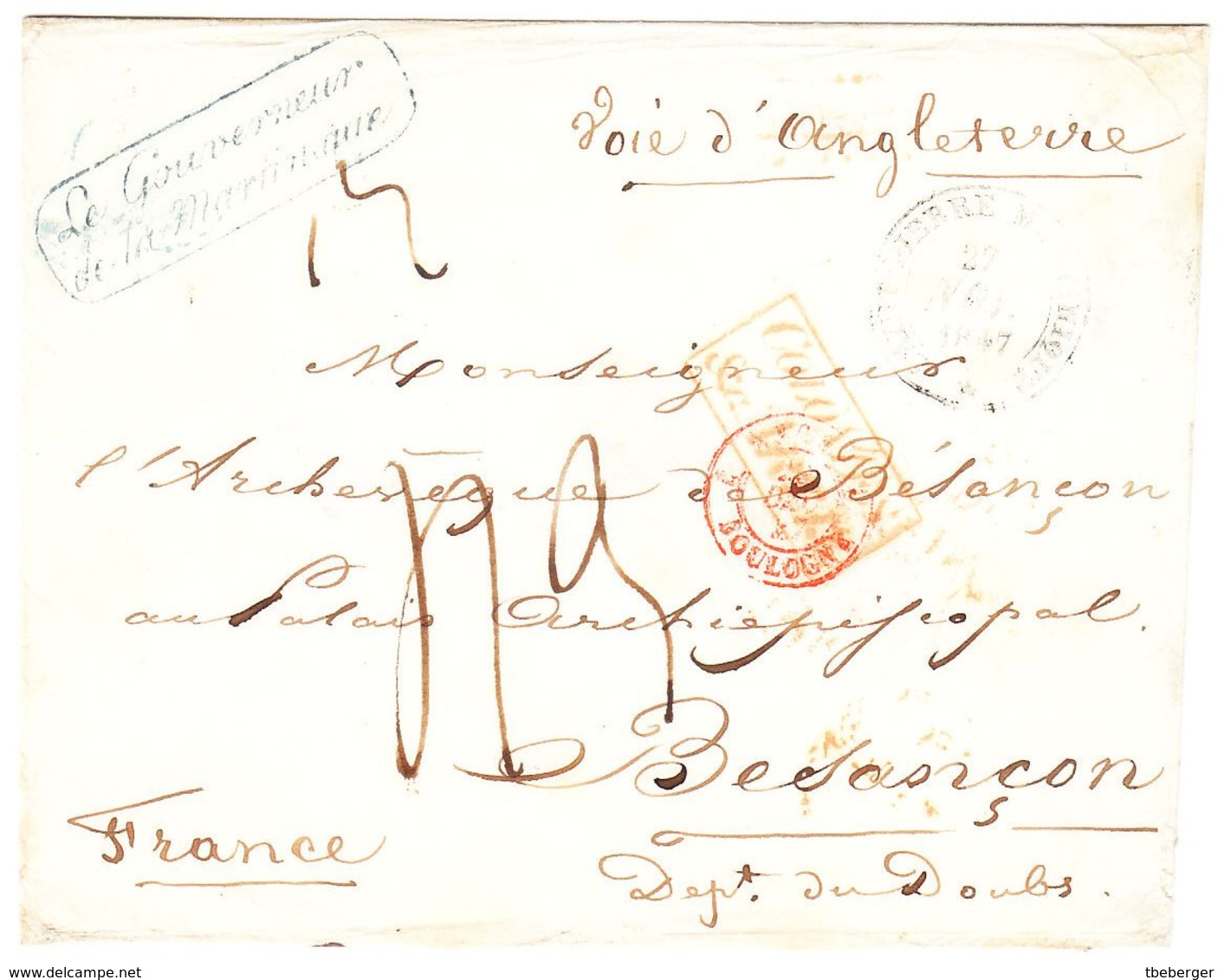 Martinique Gouverneur 'ST. PIERRE MARTINIQUE' Lettre Envelope 1847 'COLONIES ART 13' 'ANGL BOULOGNE' Pour BESANCON (s21) - 1801-1848: Precursores XIX