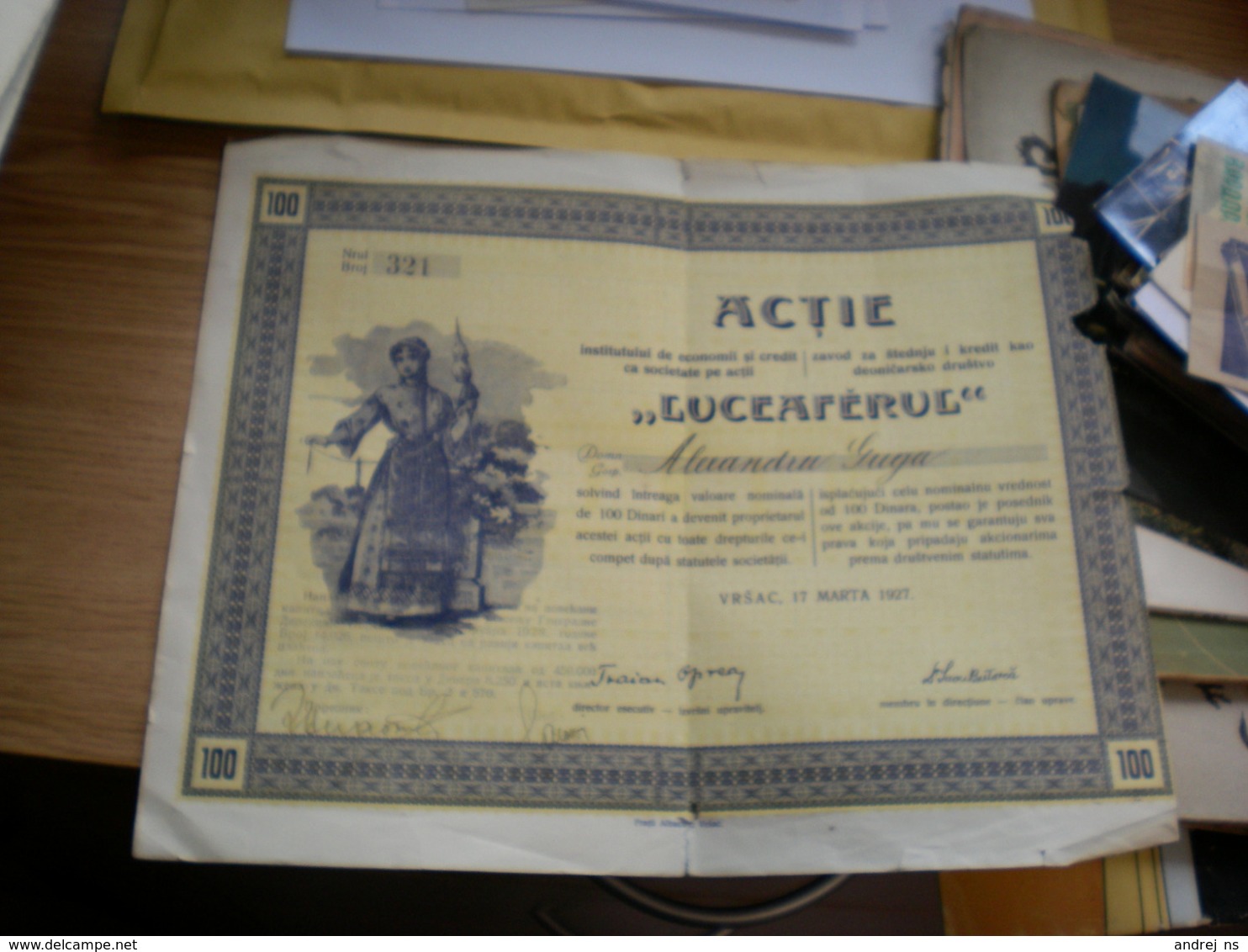 Vrsac Actie Institutului De Economii Si Credit Ca Societate Pe Actii Luceaferul 1927 Zavod Za Stednju I Kredit - Serbia