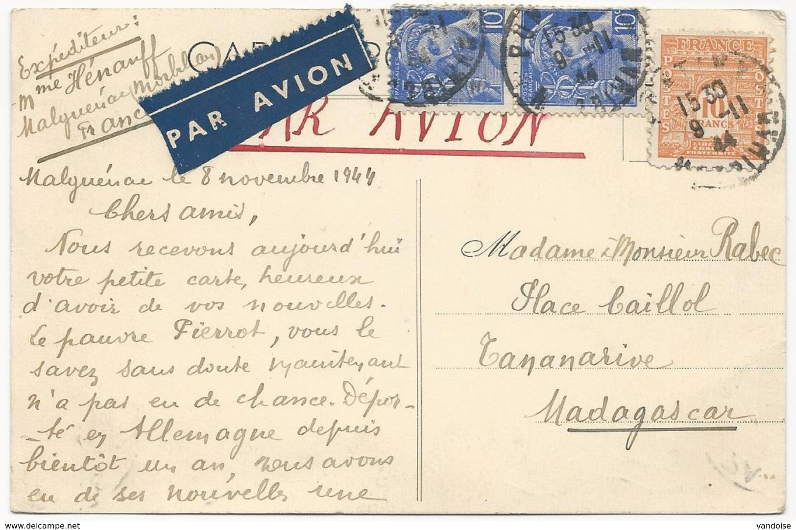 CARTE POSTALE PAR AVION 1944 POUR MADAGASCAR AVEC 3 TIMBRES TYPES MERCURE / ARC DE TRIOMPHE - Covers & Documents