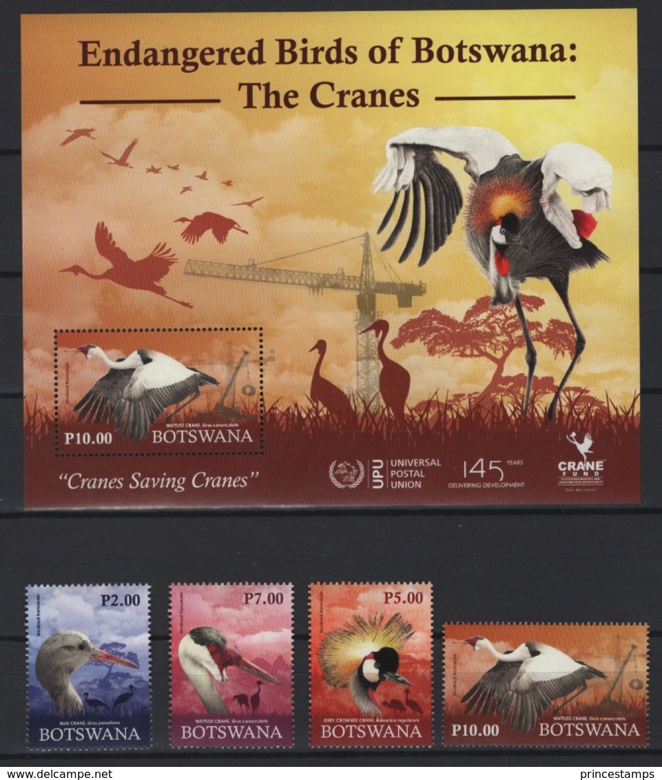 Botswana (2019) - Set + Block  -   /  Fauna - Endangered Birds - Oiseaux - Vogel - Cranes - - Gru & Uccelli Trampolieri