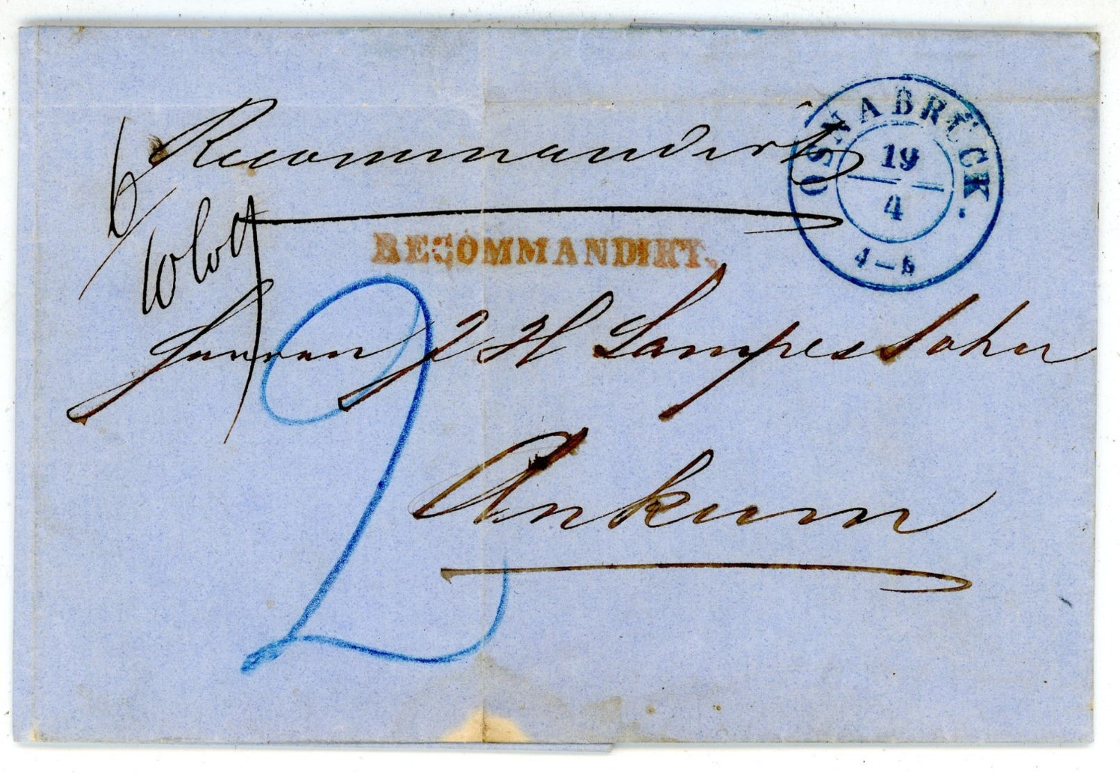 "OSNABRÜCK" Gr. Zweikreiser Blau Recobrief Nach Ankum Taxe 2 Ggr. Von 1857 - Inhalt - Hanovre