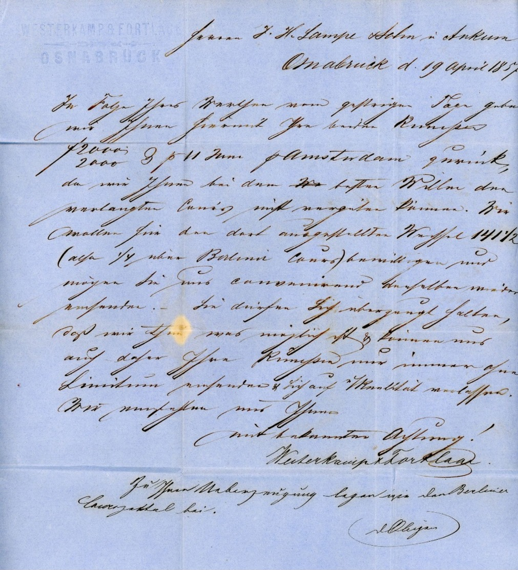 "OSNABRÜCK" Gr. Zweikreiser Blau Recobrief Nach Ankum Taxe 2 Ggr. Von 1857 - Inhalt - Hannover
