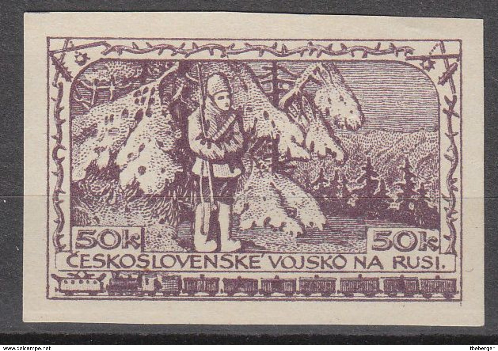 Czechoslovak Legion In Russia 1919 Irkutsk Issue Unissued Essay Soldier At Guard In Forest In Dark Brown (t42) - Légion En Sibérie