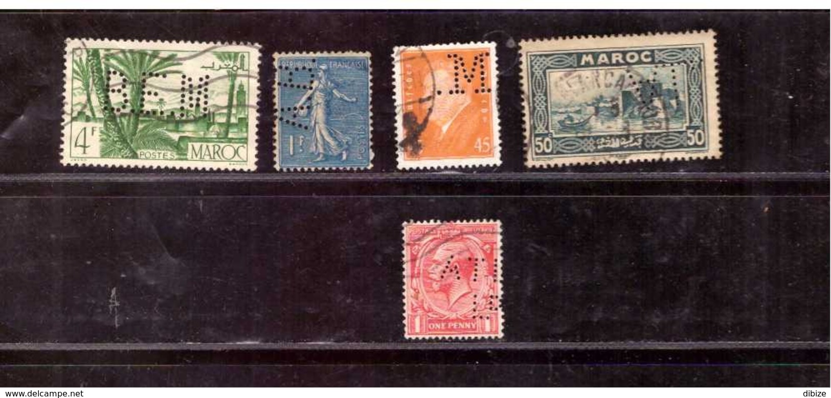 5 Timbres Perforés. Oblitérés. Maroc. France (Marianne). Grande Bretagne. Autriche. Etat Moyen. - Perfins