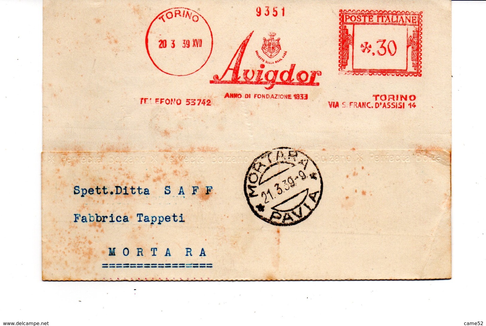 1939 EMA Affrancatura Meccanica Rossa Freistempel Torino AVIGDOR Fabbrica Tessuti Tappeti Persiani Annodati - Franking Machines (EMA)