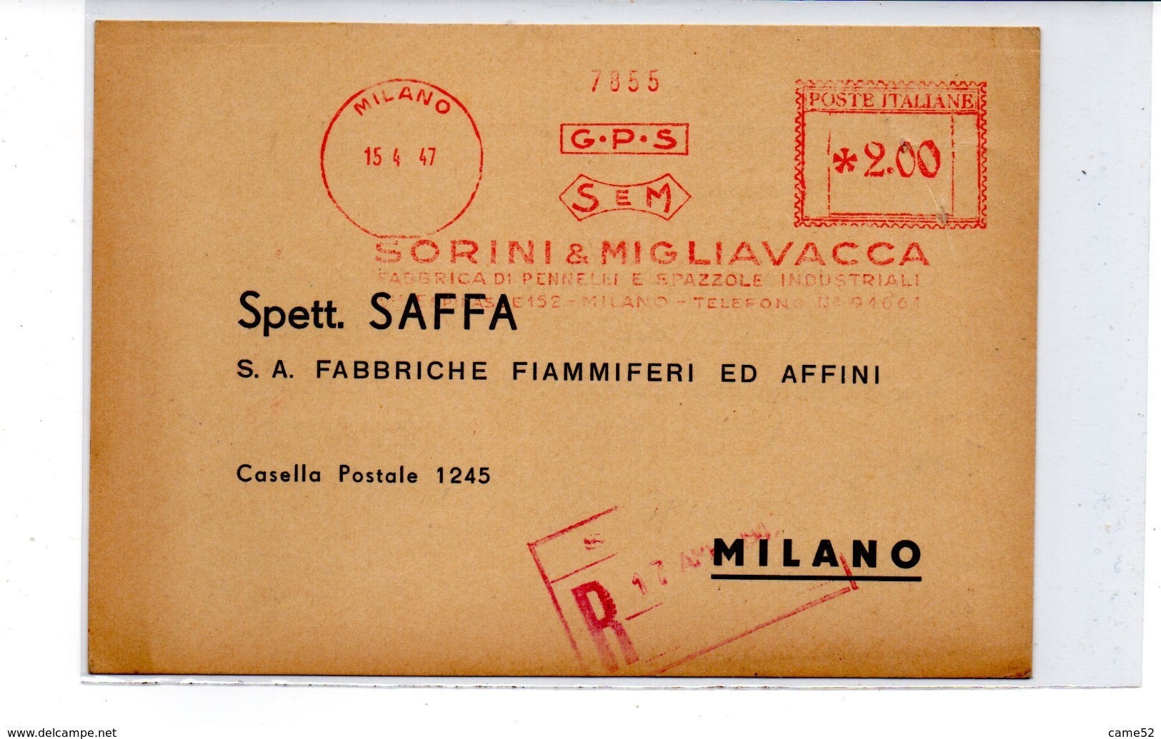 1947 EMA Affrancatura Meccanica Rossa Freistempel Milano Sorini & Migliavacca Pennelli E Spazzole Industriali Scalpellat - Franking Machines (EMA)