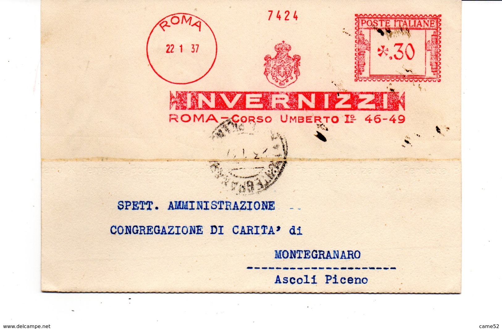 1937 EMA Affrancatura Meccanica Rossa Freistempel Roma INVERNIZZI Stemma Forniture Per Studi Medici - Franking Machines (EMA)