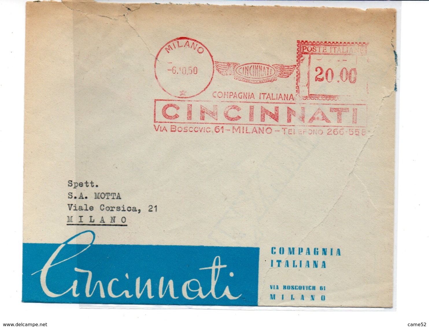 1950 EMA Affrancatura Meccanica Rossa Freistempel Milano CINCINNATI Compagnia Italiana Scalpellata - Franking Machines (EMA)