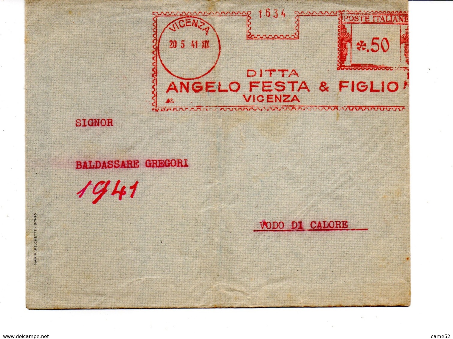 1941 EMA Affrancatura Meccanica Rossa Freistempel Vicenza Angelo Festa E Figlio Vestiti Ed Uniformi Militari - Franking Machines (EMA)