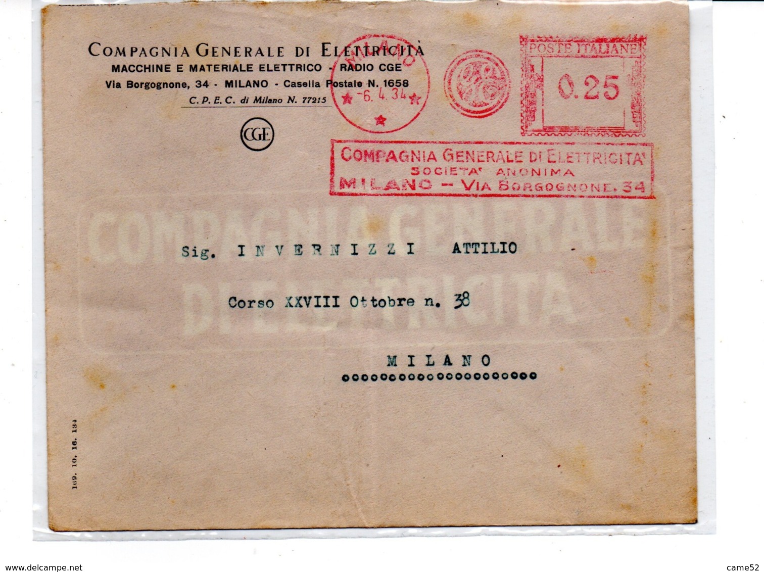 1934 EMA Affrancatura Meccanica Rossa Freistempel Milano CGE Compagnia Generale Di Elettricità - Franking Machines (EMA)