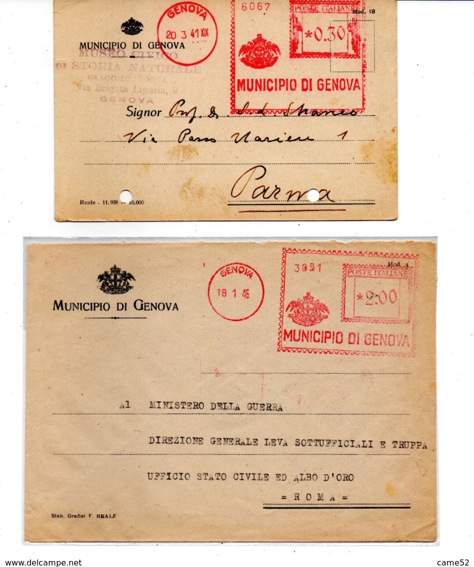 1941/46 2 EMA Affrancatura Meccanica Rossa Freistempel Municio Di Genova Stemma - Franking Machines (EMA)