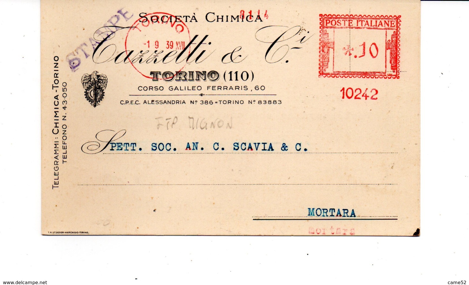 1939 EMA Affrancatura Meccanica Rossa Freistempel Macchina FTP Mignon Nr. 10242 Società Chimica Tazzetti Torino - Franking Machines (EMA)