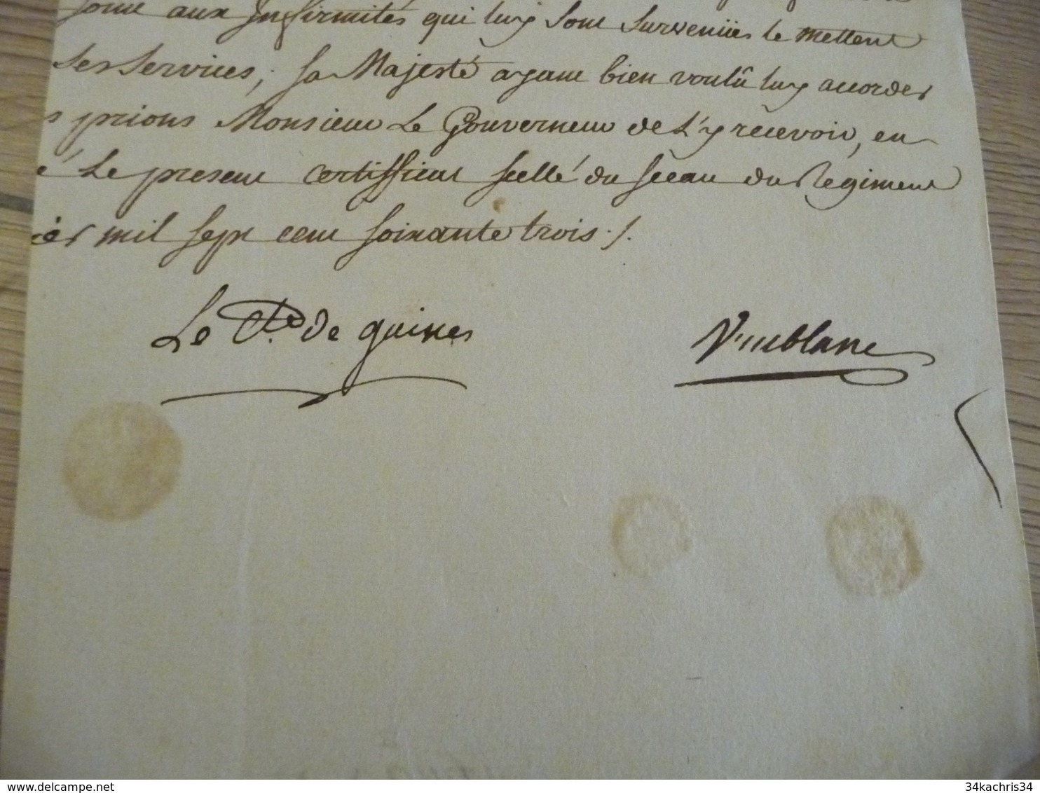 Régiment De Navarre 1763  Pièce Signée Sur Papier Comte De Guines  Vuiblanc Certifications Texte Coupé - Documenten