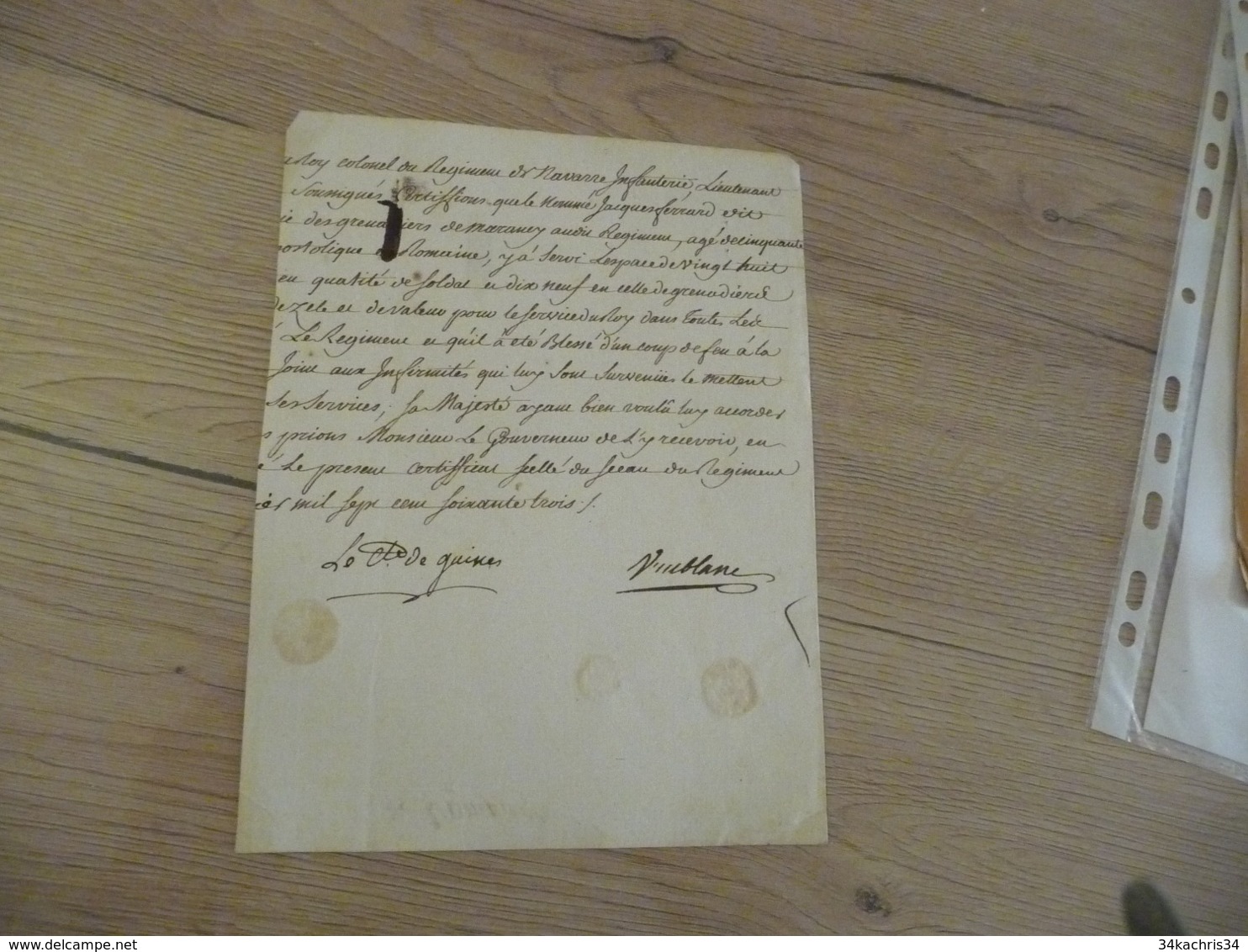 Régiment De Navarre 1763  Pièce Signée Sur Papier Comte De Guines  Vuiblanc Certifications Texte Coupé - Documents