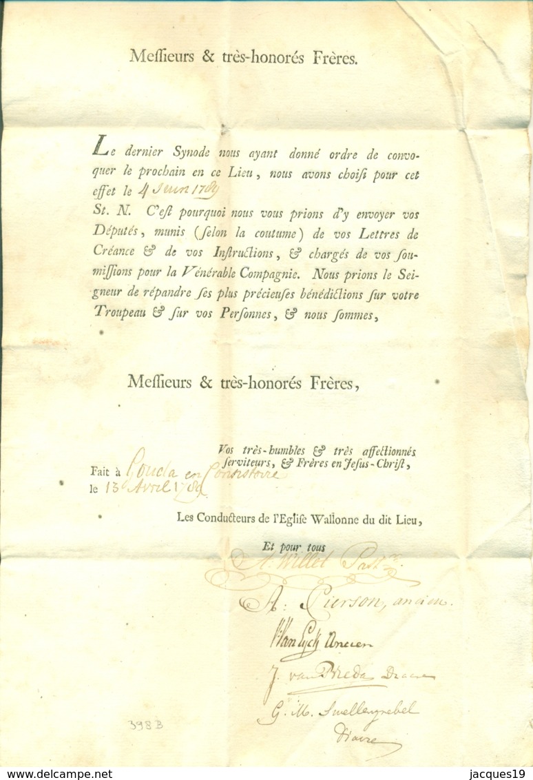 Pays Bas 1789 Lettre Des Conducteurs De L'Église Walonne Du Dit Lieu De Gouda à Aardenbourg - ...-1852 Precursores