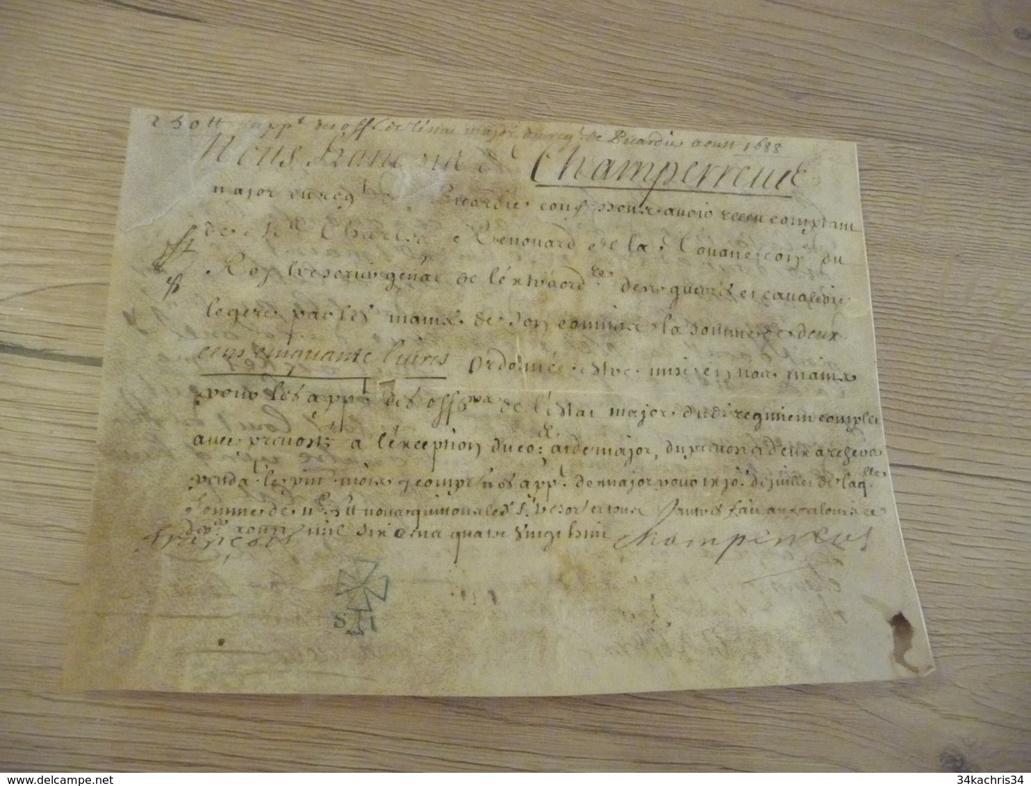 Régiment De Picardie 1688  Pièce Signée Sur Velin Champenneut Reçu - Documenten
