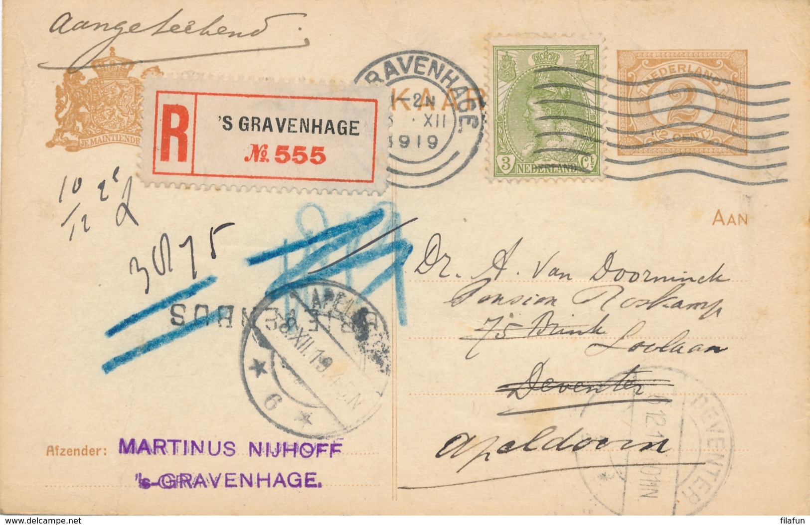 Nederland - 1919 - 3 Cent Bontkraag Op 2 Cent Briefkaart G88 - Aangetekend - BRIEVENBUS - Van Den Haag Naar Apeldoorn - Brieven En Documenten