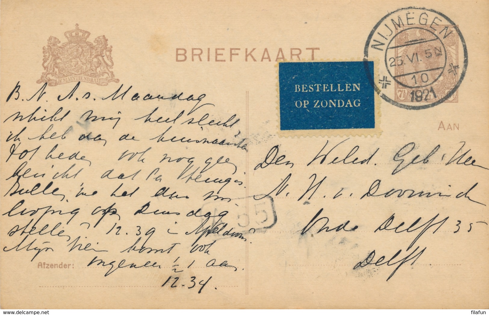 Nederland - 1921 -  7,5 Cent Briefkaart G122 Van Nijmegen - Blauw Bestellen Op Zondag - Naar Delft - Brieven En Documenten