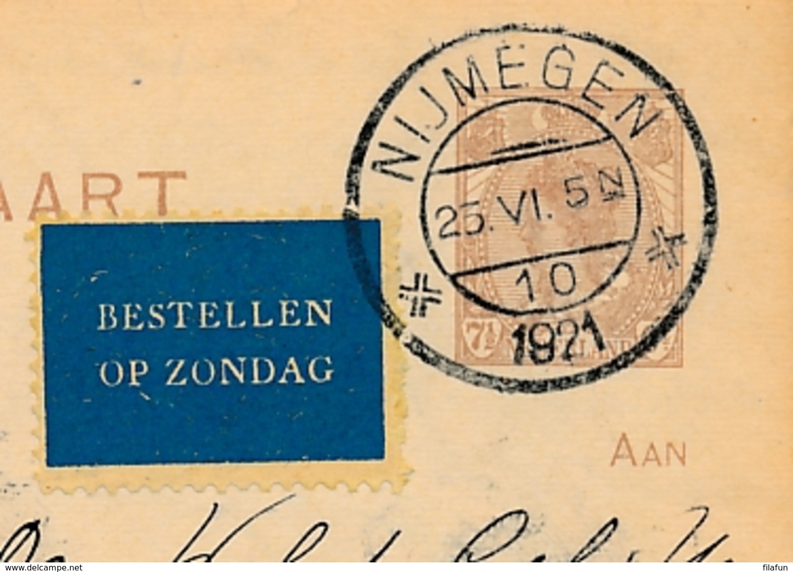 Nederland - 1921 -  7,5 Cent Briefkaart G122 Van Nijmegen - Blauw Bestellen Op Zondag - Naar Delft - Briefe U. Dokumente