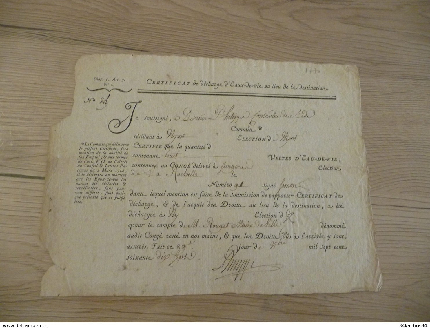 Certificat De Décharge D'eaux De Vie 1770 Niort à La Rochelle - Transportmiddelen