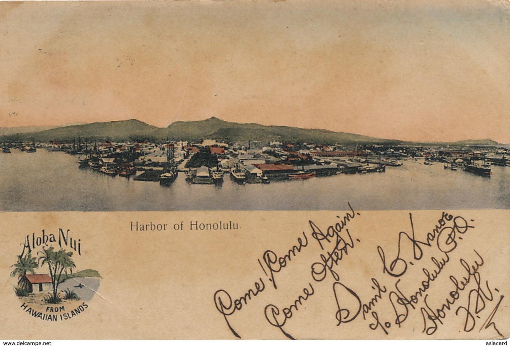 Honolulu Harbor  Aloha Nui . Hand Colored  Used To Cienfuegos Cuba - Honolulu
