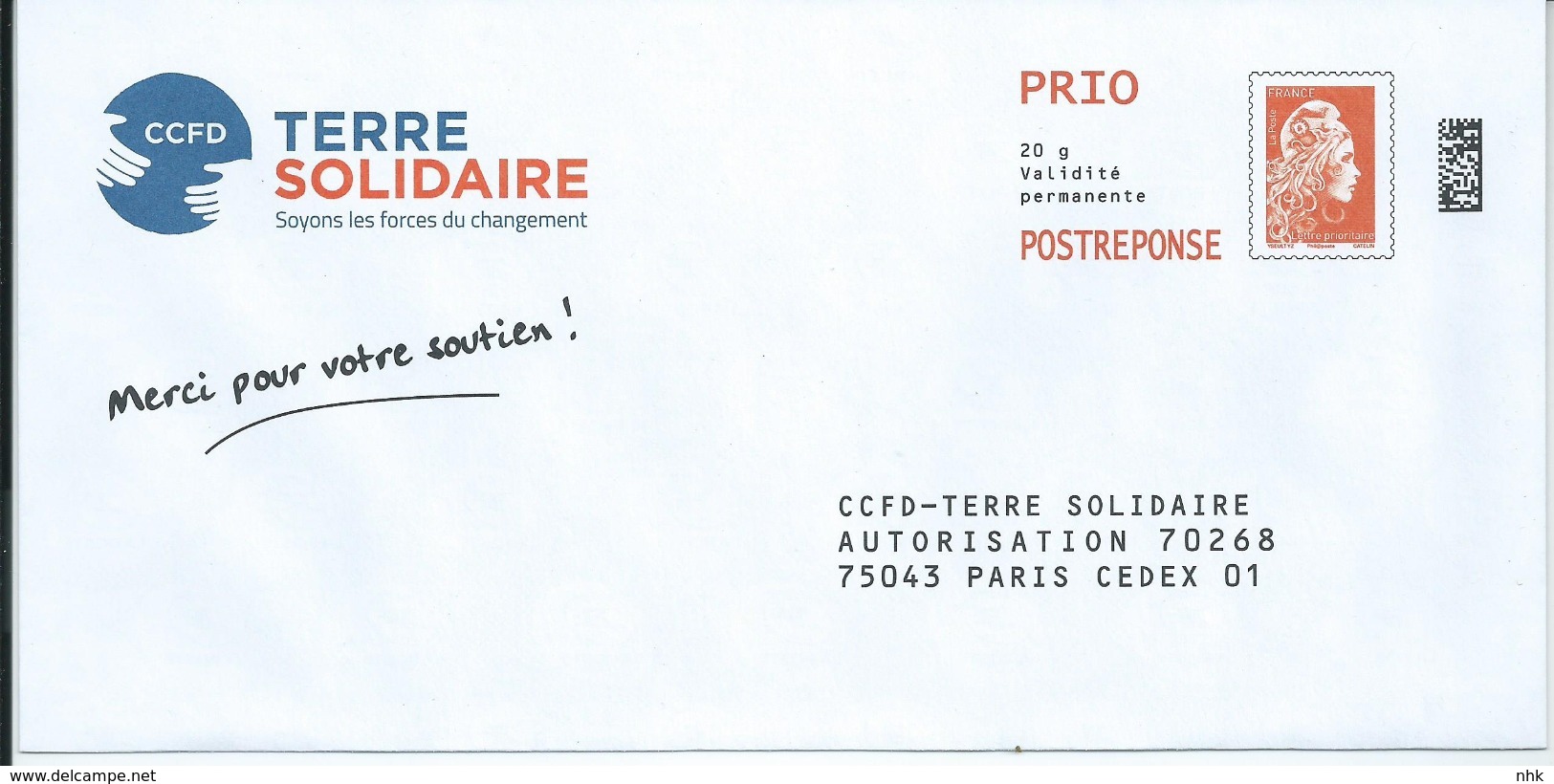 Entiers Postaux : Enveloppe Réponse Type L'Engagée Yzeult Catelin PRIO Datamatrix CCFD 232193 ** - PAP: Antwort/Marianne L'Engagée