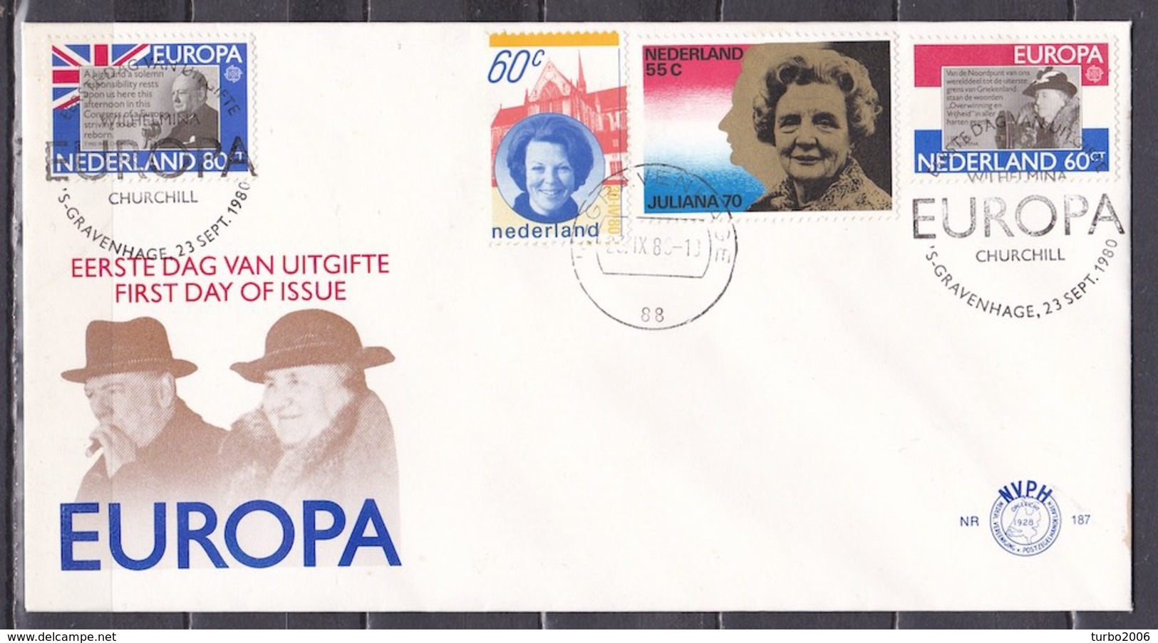 1980 Europazegels Churchill / Wilhelmina-Juliana-Beatrix NVPH 1207 / 1208 Op B L A N C O FDC NVPH E 187 - FDC