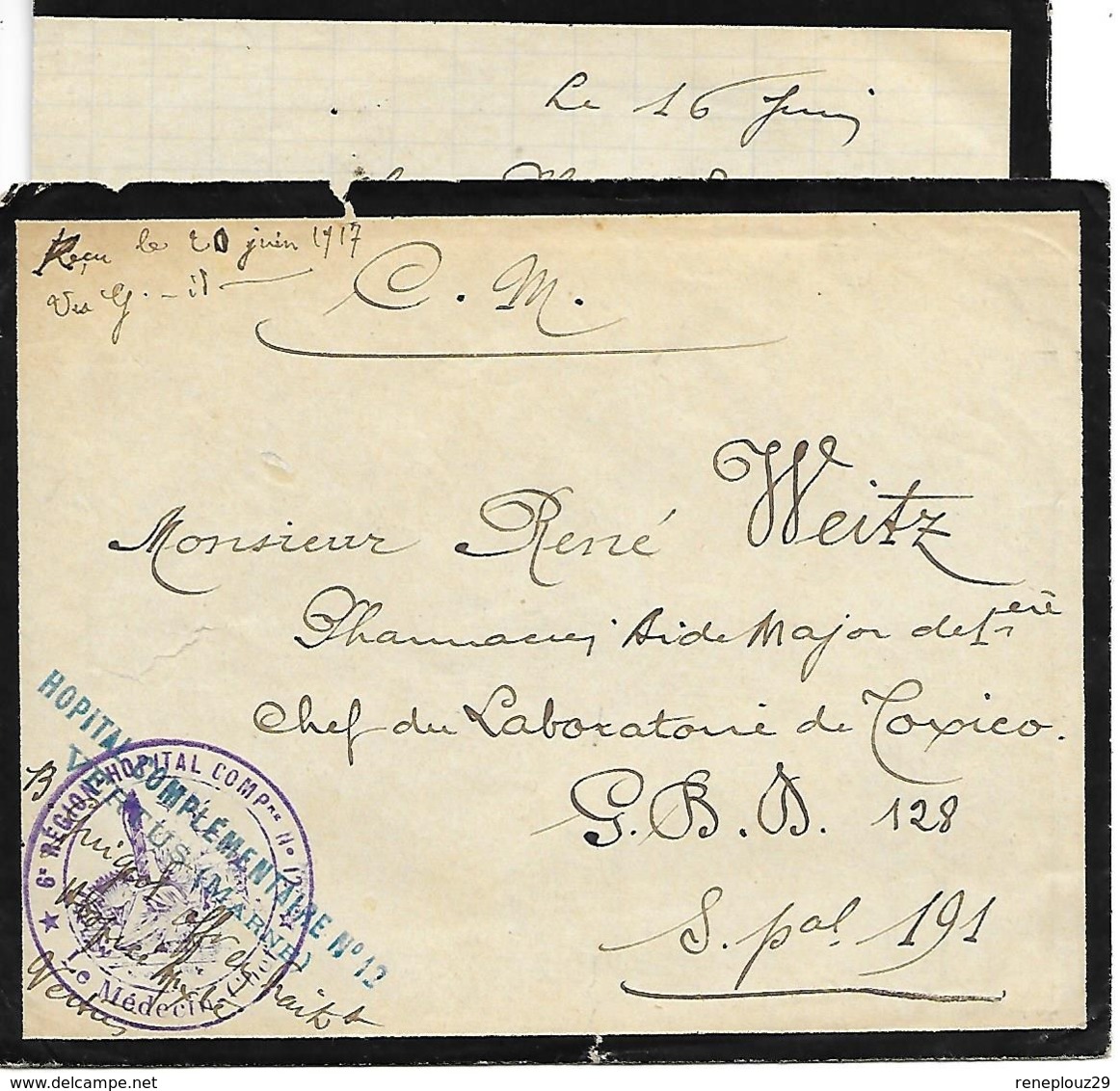 51-cachet Hôpital Comp.N°12 De Vertus Sur Lettre Bordée De Noir Avec Correspondance Bordée Noir En 1917 -très Rare - Guerre De 1914-18