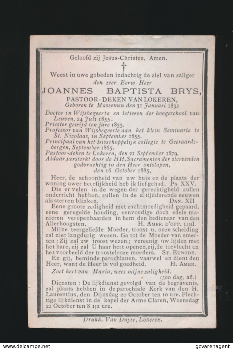 PASTOOR LOKEREN - JOANNES BRYS  MASSEMEN 1832 - OVERL  1885 - Overlijden