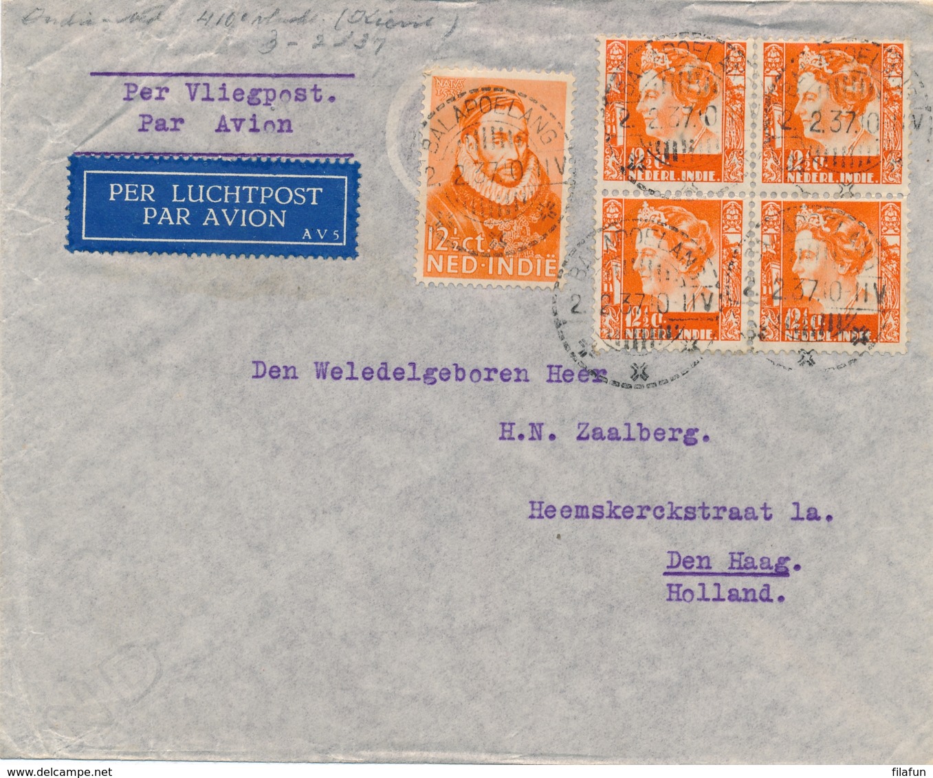 Nederlands Indië - 1937 - 5 Zegels Op LP-cover Van LB BALAPOELANG Naar Den Haag / Nederland - Niederländisch-Indien