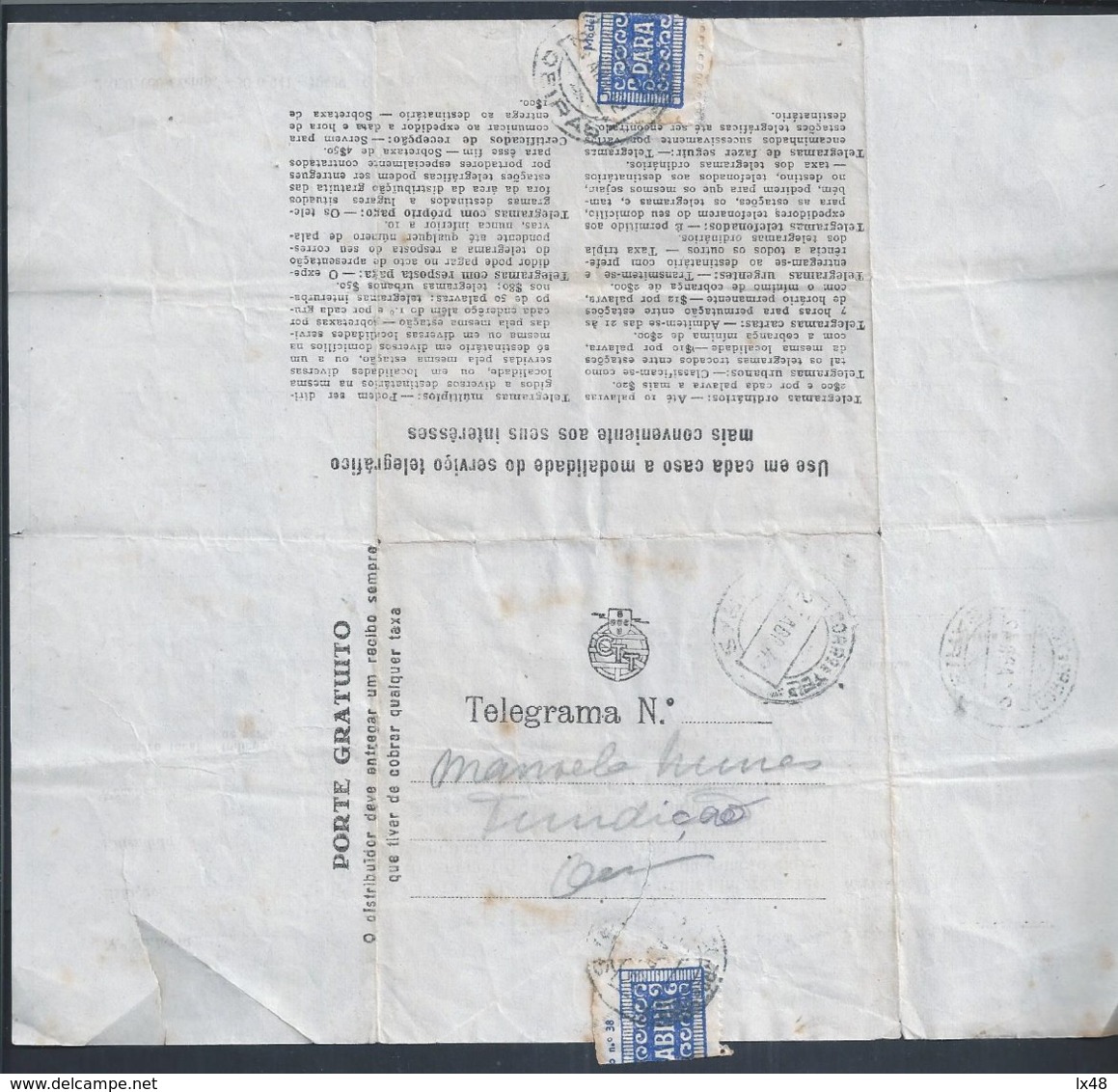 Telegrama De Lisboa/ Oeiras,1942. 'Mensagem 'Vou á Junta.' 2ª Guerra Mundial. Telegram Lisbon/Oeiras In. 2 World War. 2s - Lettres & Documents