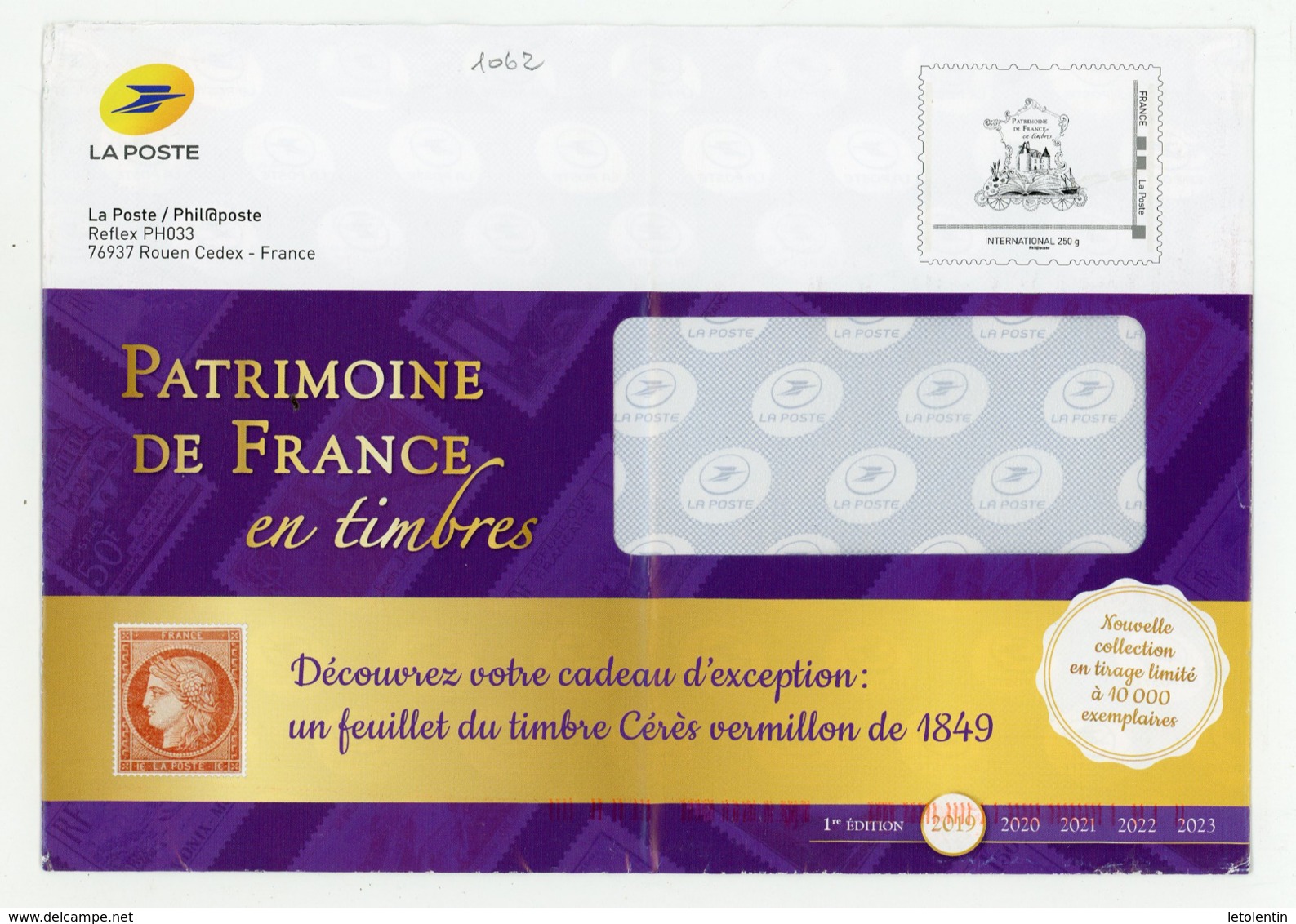 PERSONNALISÉS - LOGO "PATRIMOINE DE FRANCE EN TIMBRE" (ENTIER) -  N° Yvert  (PHILAPOSTE) OBLI;  LETTRE INTERNATIONAL 250 - Autres & Non Classés