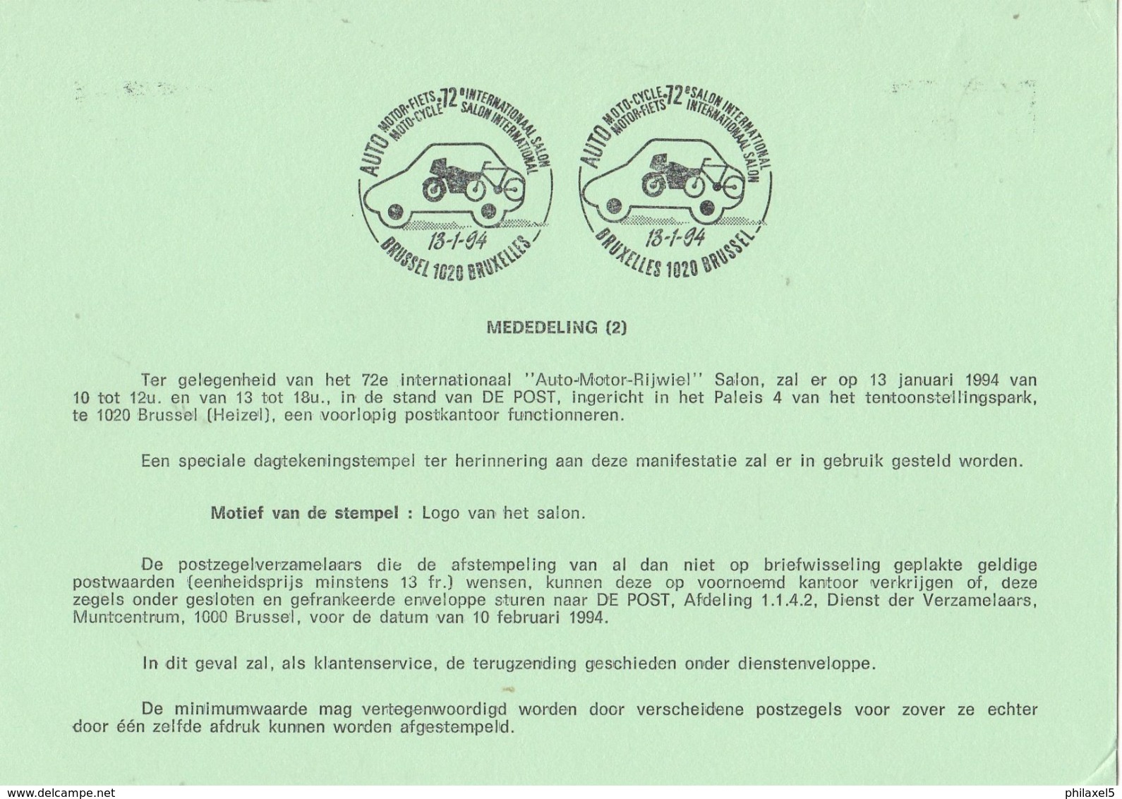 België - Dienstpostkaart - Brussel - 72e Internationaal "Auto-Motor-Rijwiel" Salon - (1994) - Commemorative Documents